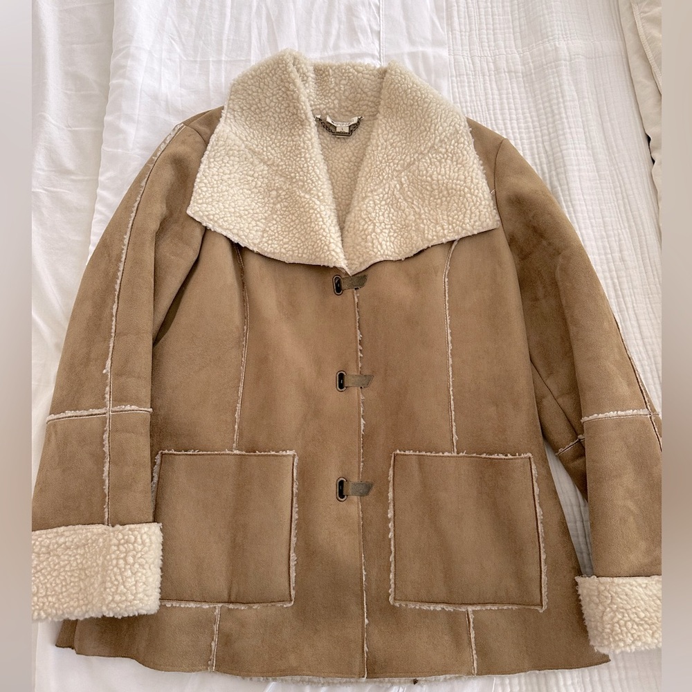 Suede and shearling-look coat. Preloved, great condition. Large
